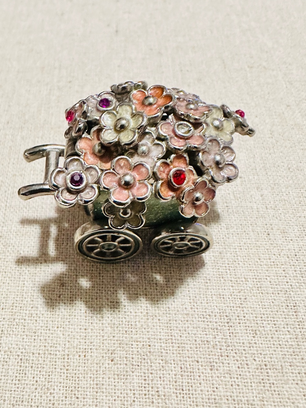 Monet | Trinket Box | Monet Silver Floral Cart Brooch with Green & Pink Enamel - Picture 10 of 10